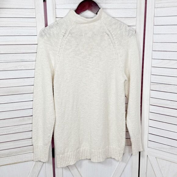 L.L. Bean Cotton Rolled Funnel Mock Neck Ragg Sweater Slub Knit Cream Medium - Picture 9 of 14